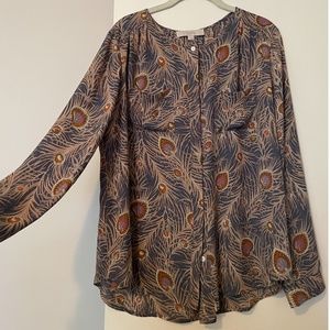 LOFT Peacock Print Button-up Blouse with Long Sleeves - L